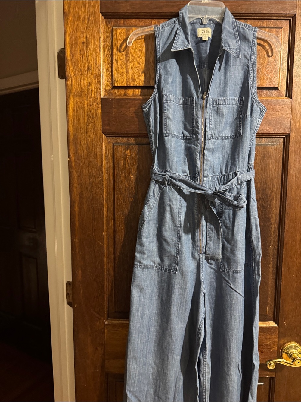 J. Crew Sleeveless Light Blue Denim Zip-Front Jumpsuit with Tie Waist